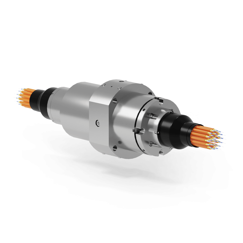 Multi-channel Fiber Joint With Possibility Of 36 Channels
MRn series multi-pass Fibre optic Rotary Joints (FORJs) carry the largest channel count in our FORJ lineup. 20-36 independent fibre channels are offered as standard options. The most common is the 24-channel version.